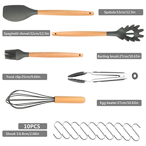 WisFox Utensilios Cocina de Silicona,Antiadherente con Mango de Madera para Utensilios, Calor Utensilios De Cocina Antiadherente 11 Piezas + 10 S Ganchos - Gris