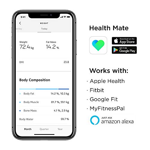 Withings Body+ Báscula inteligente con conexión Wi-Fi, medición de la grasa corporal, IMC, masa muscular y porcentaje de agua corporal, sincronización con la aplicación móvil por Bluetooth o Wi-Fi