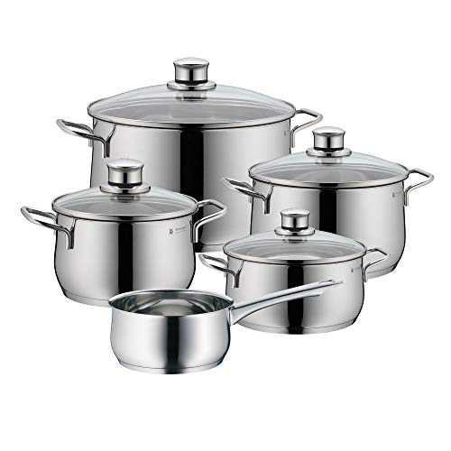 WMF Diadem Plus - Batería de cocina, 5 piezas cromagran, acero inoxidable - 1 cacerola de Ø20cm , 1 olla baja de Ø16cm, 1 olla baja de Ø20cm, 1 olla baja de Ø24cm y 1 cazo de Ø16cm