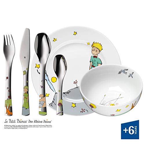 WMF El Principito - Vajilla Infantil (Plato, Cuenco), Acero Inoxidable y Cubertería (Tenedor, Cuchillo de Mesa, Cuchara y Cuchara Pequeña), Porcelana, 6 piezas