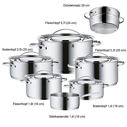 WMF Gala Plus Batería de Cocina (7 Piezas), Acero Inoxidable Cromargan, Apta para Todo Tipo de cocinas Incluso inducción