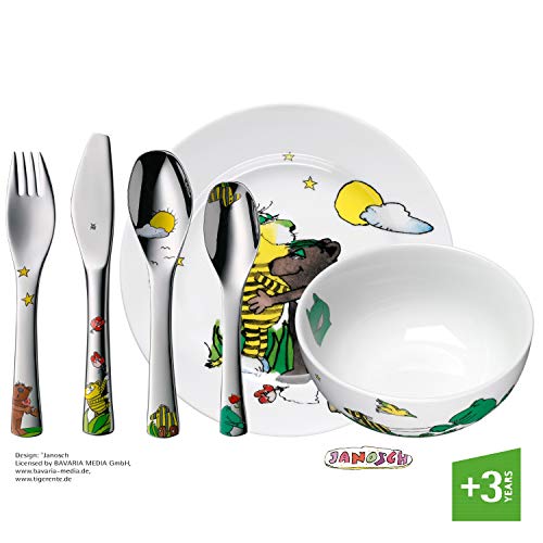 WMF Janosch - Vajilla para niños 6 piezas, incluye plato, cuenco y cubertería (tenedor, cuchillo de mesa, cuchara y cuchara pequeña) (WMF Kids infantil)