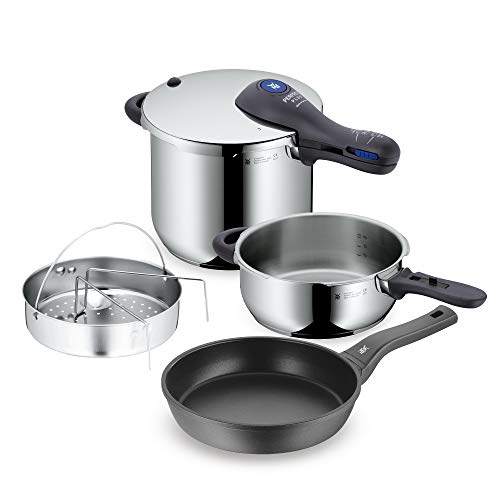 WMF - Juego de Sartén de aluminio fundido Permadur Premium de 28 cm + Set de Olla Rápida Perfect Plus 6.5 l + 3 l con cestillo para cocinar alvapor