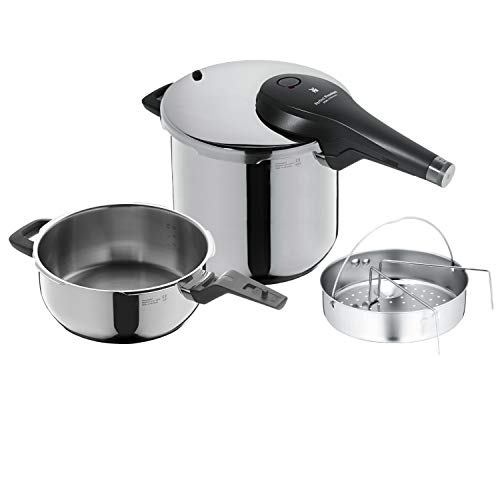 WMF Perfect Premium - Set de olla ultra rápida/a presión de 22 cm y 6,5 l, cuerpo de 3 l y cestillo de vapor, acero inoxidable cromargan, apto para inducción, fabricado en Alemania con certificado GS