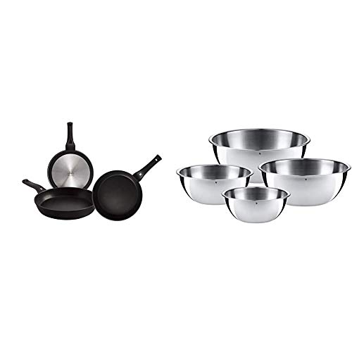 WMF Permadur Premium Set de 3 sartenes de Acero Inoxidable de 20, 24 y 28 cm, con Antiadherente para Todo Tipo de cocinas Incluido inducción + Gourmet-Set de 4 Boles, Acero Inoxidable Mate