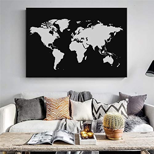 wojinbao Arte Moderno de Pared de lonaMapa del Mundo Abstracto en Blanco y Negro sobre Lienzo Mapa Moderno Cartel e impresión Imagen de Pared para Sala Cuadros