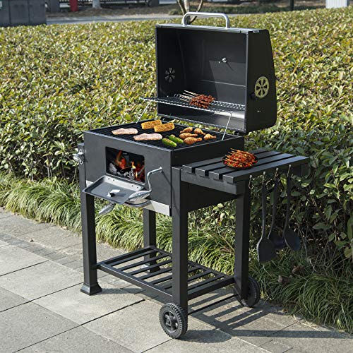 WOLTU Barbacoa de Carbón Portátil Barbacoas de Exterior Ajustable en Altura Parrilla con Ruedas para BBQ, Jardín, Camping 113x45.5x100 cm Negro CPZ8135sz