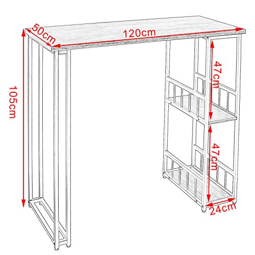 WOLTU Mesa de Bar Mesa de Bistro Mesa de Comedor con 2 Estantes, Estructura de Metal, MDF, 120x50x105cm (WxDxH) Roble BT25hei