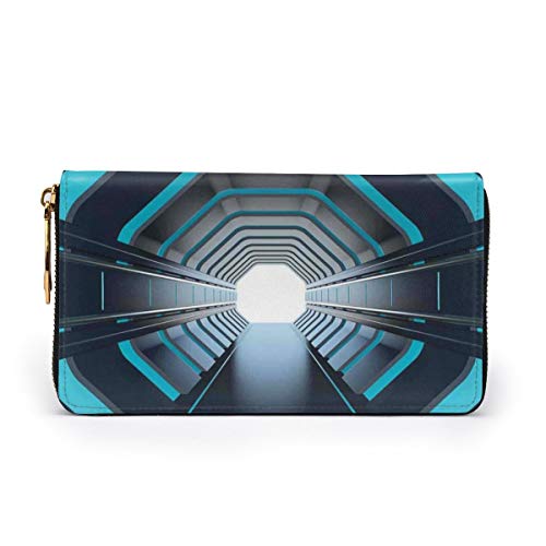 Women's Long Leather Card Holder Purse Zipper Buckle Elegant Clutch Wallet, Tunnel with Neon Lights Passage Mercury Lunar Orbit Inspired Stardust Art,Sleek and Slim Travel Purse