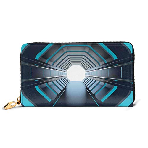 Women's Long Leather Card Holder Purse Zipper Buckle Elegant Clutch Wallet, Tunnel with Neon Lights Passage Mercury Lunar Orbit Inspired Stardust Art,Sleek and Slim Travel Purse