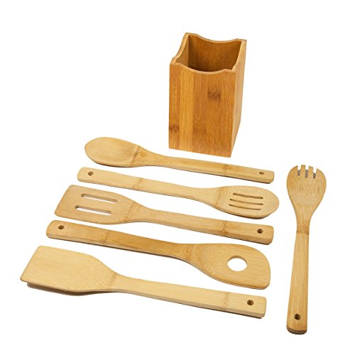 woodluv Juego de 6 Utensilios de Cocina de bambú con Soporte, marrón