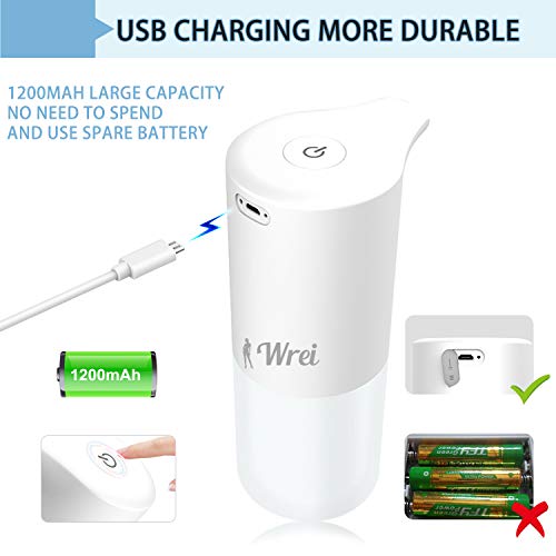 Wrei Dispensador de Desinfectante Manos, Dispensador de Jabón Automático Sensor de Movimiento Inteligente y Impermeable IPX4, Recargable Dosificador Jabon Espuma con USB para Cocina, Baño ect.