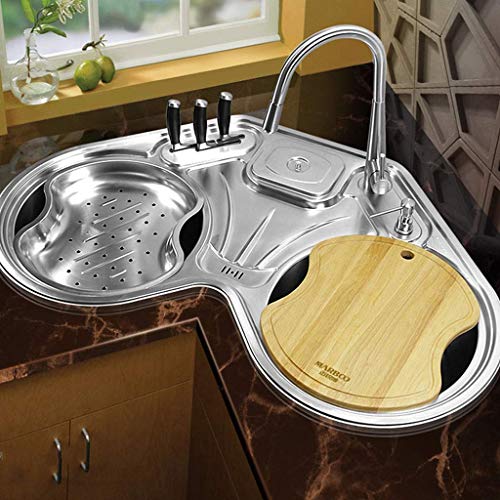 WSJ fregadero de cocina esquinero para piscina 304 de acero inoxidable, redondo, grande, doble fregadero, para dormitorio, baño, lavabo, lavabo y fregadero, café, restaurante, plata, 88.6*88.6*20cm