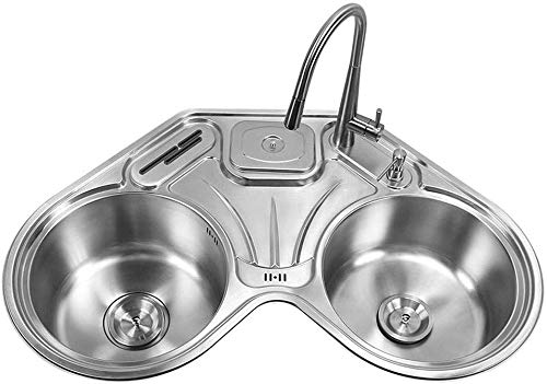 WSJ fregadero de cocina esquinero para piscina 304 de acero inoxidable, redondo, grande, doble fregadero, para dormitorio, baño, lavabo, lavabo y fregadero, café, restaurante, plata, 88.6*88.6*20cm