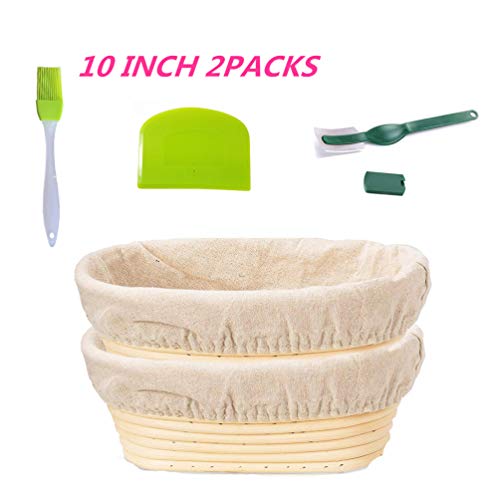 WYCY 2 PACKS 10"Banneton Brotform Oval Cuenco para Masas Tazón de Ratán Natural para Masa y Pan Proteico (con Raspador Cortador Curvo Cepillo de Silicona Forro de Tela) (25CM)