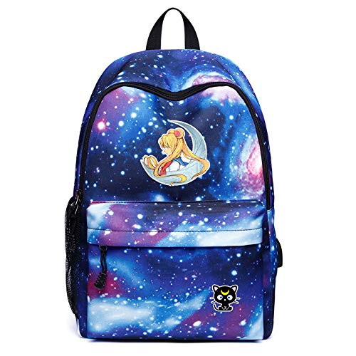 WYN123 Hombre japonés Guerrero Sailor Moon Mochila con patrón Carga USB Cielo Estrellado Mochila Mujer Estudiante Mochila 16 Pulgadas 1 Azul