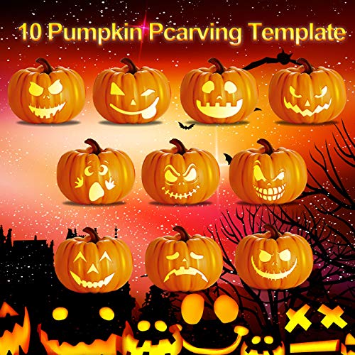 XDDIAS Halloween Calabaza Tallado, 11 Pcs Kit de Talla de Calabaza de Acero Inoxidable con 10 Plantillas de Talla Fáciles para Adultos y Niños