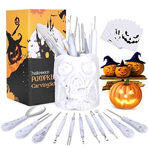 XDDIAS Halloween Calabaza Tallado, 11 Pcs Kit de Talla de Calabaza de Acero Inoxidable con 10 Plantillas de Talla Fáciles para Adultos y Niños