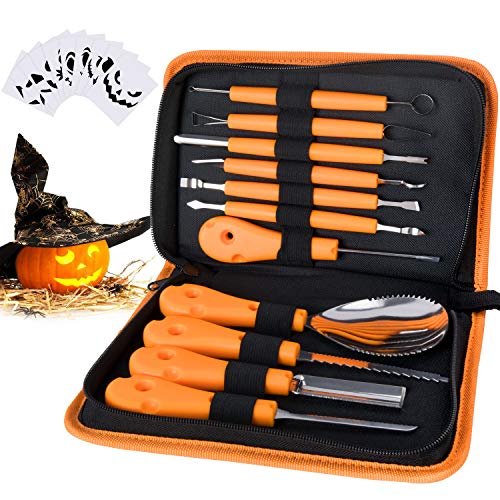 XDDIAS Tallado de Calabaza de Halloween, 11 Pcs Kit de Talla de Calabaza de Acero Inoxidable para DIY Calabaza Decoración con Funda Protectora y 10 Plantillas de Talla