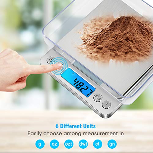 XINYU Báscula Digitales de Precisión,Balanzas de Portátiles, Plato Removibles,con Pantalla LCD y 6 Unidades,Plataforma de Acero Inoxidable, Función de Tara, para Cocinar,Joyería,Café - 3kg x 0.1g