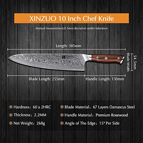 XINZUO 25.5cm Cuchillo Chef Alto Carbono Damasco Acero Profesional Japon Cuchillo Cocinero Gyuto VG10 Acero con Ergonómico Rosewood Mango - Yu Serie