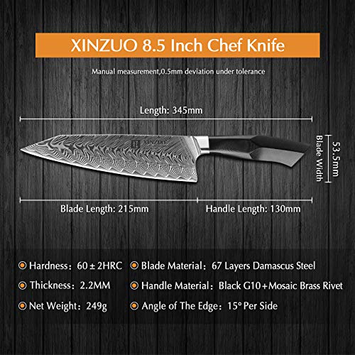 XINZUO Acero de Damasco Cuchillo Chef, 21.5cm Kiritsuke Cuchillo de Cocinero, Profesional Forjado de Gyuto Cuchillos de Cocina, Mango de Grado Militar G10, con Funda Magnética -Serie Feng