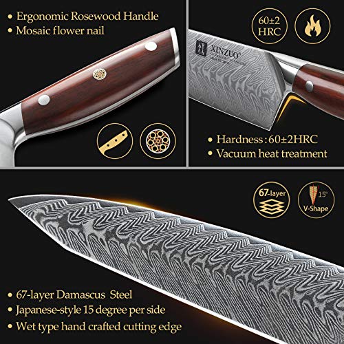 XINZUO Set Cuchillo Cocina con Bloque de Cuchillos 7 Piezas,Profesional de Acero de Damasco Cuchillo Chef Santoku Pan Universal Fruta,Tijeras de Cocina Multifuncionales,con Mango de Rosewood-Yi Serie