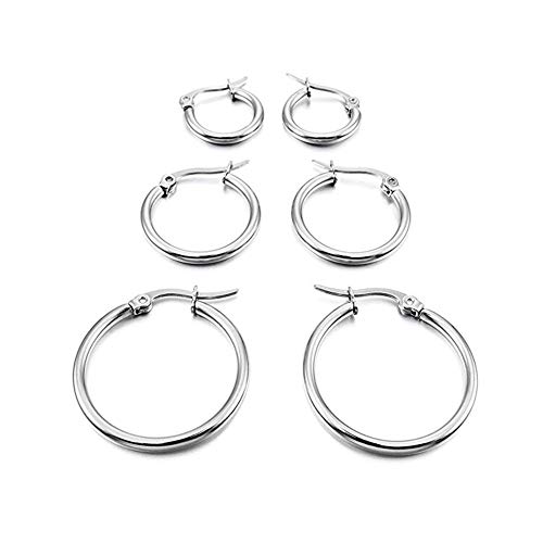 Xiton Pendientes de Acero Inoxidable Set 3 Pares 15 mm 20 mm 25 mm aro del Acero Inoxidable del aro de Huggie Pendientes fijaron a Las Mujeres de Plata