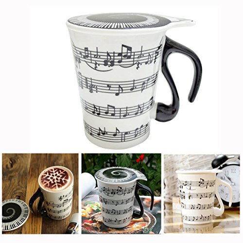 XLKJ Taza de Cerámica Creativa con Tapa, Notas de Música Taza de Café Regalo para Amigos Familia