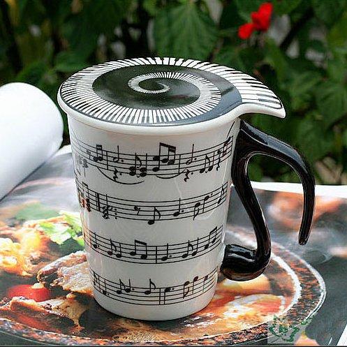 XLKJ Taza de Cerámica Creativa con Tapa, Notas de Música Taza de Café Regalo para Amigos Familia