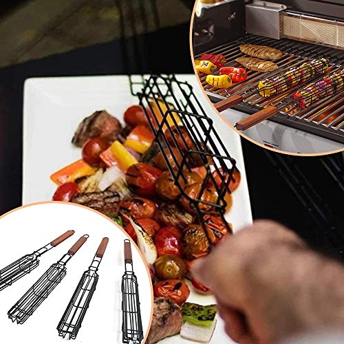 XQK La Parrilla De Barbacoa Cesta, Antiadherente para Barbacoa Kebab Pinchos En Rack con Mango De Madera De Verduras Pescado Filete De La Carne De Camarón Chuletas Mariscos Salchicha (Red)