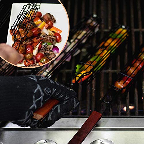 XQK La Parrilla De Barbacoa Cesta, Antiadherente para Barbacoa Kebab Pinchos En Rack con Mango De Madera De Verduras Pescado Filete De La Carne De Camarón Chuletas Mariscos Salchicha (Red)