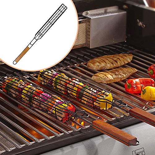 XQK La Parrilla De Barbacoa Cesta, Antiadherente para Barbacoa Kebab Pinchos En Rack con Mango De Madera De Verduras Pescado Filete De La Carne De Camarón Chuletas Mariscos Salchicha (Red)