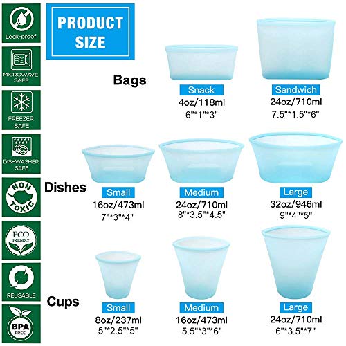 XSH Juego de 8 Bolsas de Silicona para Almacenamiento de Alimentos, recipientes de Alimentos a Prueba de Fugas con Cremallera Reutilizable sin plástico de pie (Azul)