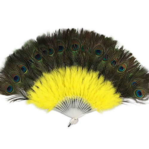 YA-Uzeun - Abanico plegable de plumas de bambú con decoración de plumas de pavo real, diseño de baile (amarillo)