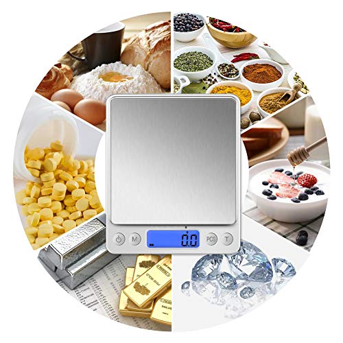 Yaasier Báscula de Cocina Digital, Recargables Báscula Digital(0.1g / 3kg) con 2 Bandejas, Inoxidable Báscula de Precisión de Pantalla LCD, Tara y Características PCS