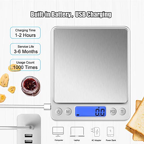 Yaasier Báscula de Cocina Digital, Recargables Báscula Digital(0.1g / 3kg) con 2 Bandejas, Inoxidable Báscula de Precisión de Pantalla LCD, Tara y Características PCS