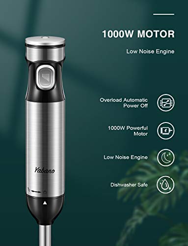 Yabano Batidora de Mano, 1000W Minipimer 4 en 1 Batidora Varillas, 12 Velocidad Inteligente Batidora Electrica con Turbo para Smoothie, 4 Cuchillos y Acero Inoxidable Cepillado de Material, Sin BPA