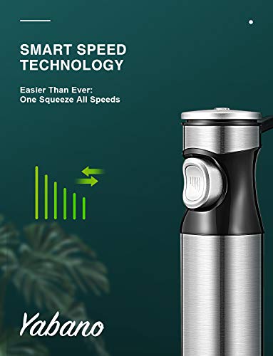 Yabano Batidora de Mano, 1000W Minipimer 4 en 1 Batidora Varillas, 12 Velocidad Inteligente Batidora Electrica con Turbo para Smoothie, 4 Cuchillos y Acero Inoxidable Cepillado de Material, Sin BPA