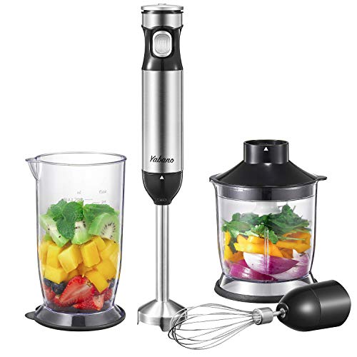 Yabano Batidora de Mano, 1000W Minipimer 4 en 1 Batidora Varillas, 12 Velocidad Inteligente Batidora Electrica con Turbo para Smoothie, 4 Cuchillos y Acero Inoxidable Cepillado de Material, Sin BPA