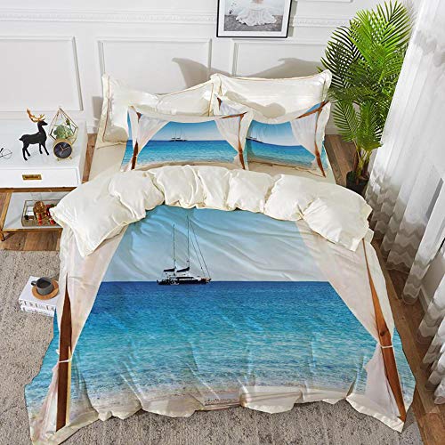 Yaoni Bedding Juego de Funda de Edredón - Decoración balinesa, Playa a través de una Cama balinesa Sol de Ver/Microfibra Funda de Nórdico y Fundas de Almohada - (Cama 220 x 240cm + Almohada 63X63cm)