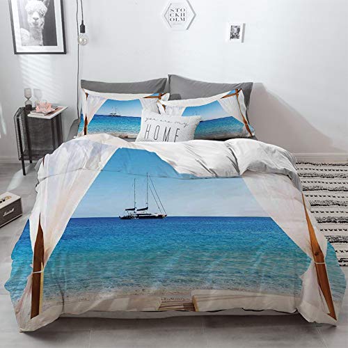 Yaoni Bedding Juego de Funda de Edredón - Decoración balinesa, Playa a través de una Cama balinesa Sol de Ver/Microfibra Funda de Nórdico y Fundas de Almohada - (Cama 220 x 240cm + Almohada 63X63cm)