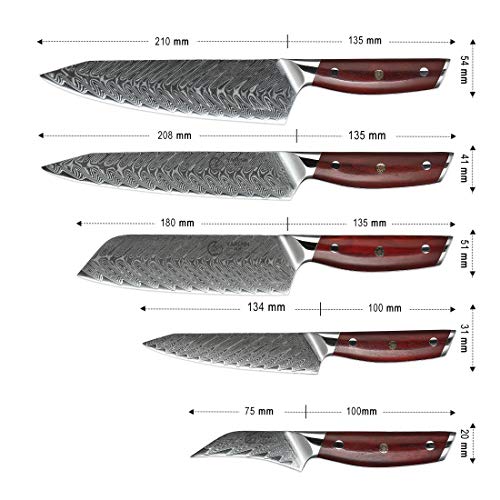 YARENH Set Cuchillos Cocina Profesional 5 Piezas - Cuchillos de Cocina de Acero Damasco Japoneses - Mango de Madera Dalbergia - Juego de Cuchillo Japones KTF-Serie