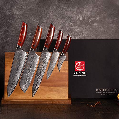 YARENH Set Cuchillos Cocina Profesional 5 Piezas - Cuchillos de Cocina de Acero Damasco Japoneses - Mango de Madera Dalbergia - Juego de Cuchillo Japones KTF-Serie