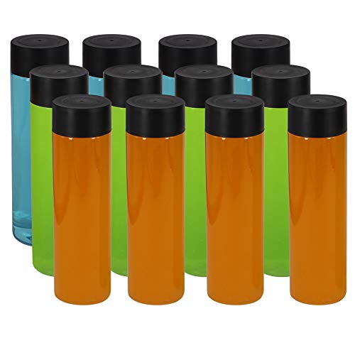 YBCPACK - 12 botellas de plástico transparente para zumo (400 ml), con tapas negras, botellas de plástico para batidos, ideal para agua, jugo, leche y otras bebidas caseras