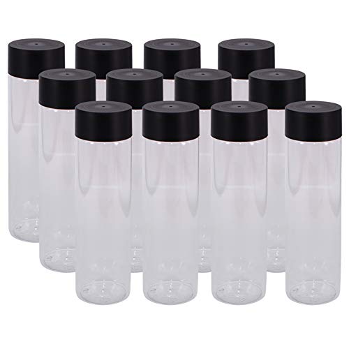 YBCPACK - 12 botellas de plástico transparente para zumo (400 ml), con tapas negras, botellas de plástico para batidos, ideal para agua, jugo, leche y otras bebidas caseras