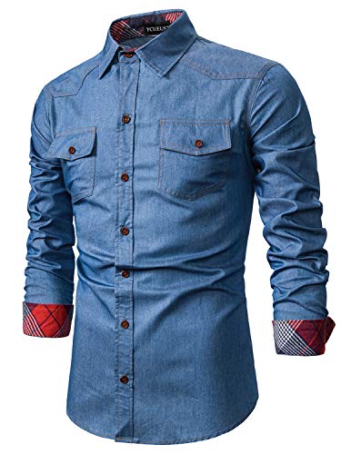 YCUEUST Hombre Casual Camisa Vaquera de Manga Larga con Botones Azul 1 Large