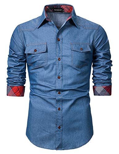 YCUEUST Hombre Casual Camisa Vaquera de Manga Larga con Botones Azul 1 Large