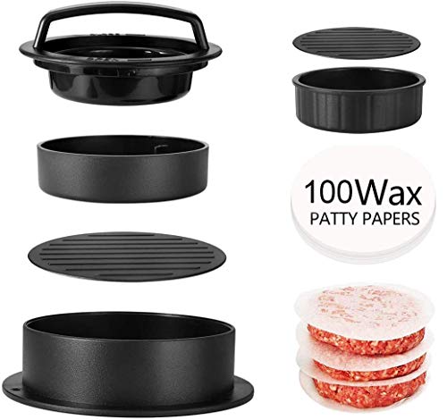 YFOX Máquina para asar hamburguesas de hamburguesas 3 en 1 antiadherente (con 100 papel de cera), herramienta de cocina para hacer hamburguesas y fácil de usar, limpia y fácil de recoger (negro)