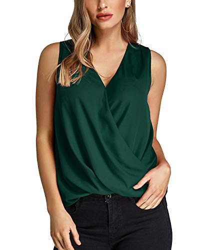 YOINS Camiseta Sin Mangas Mujer Camisola Gasa Camiseta con Cuello En V Camisa Trabajo Informal Playa Blusa Tops Verano Verde L